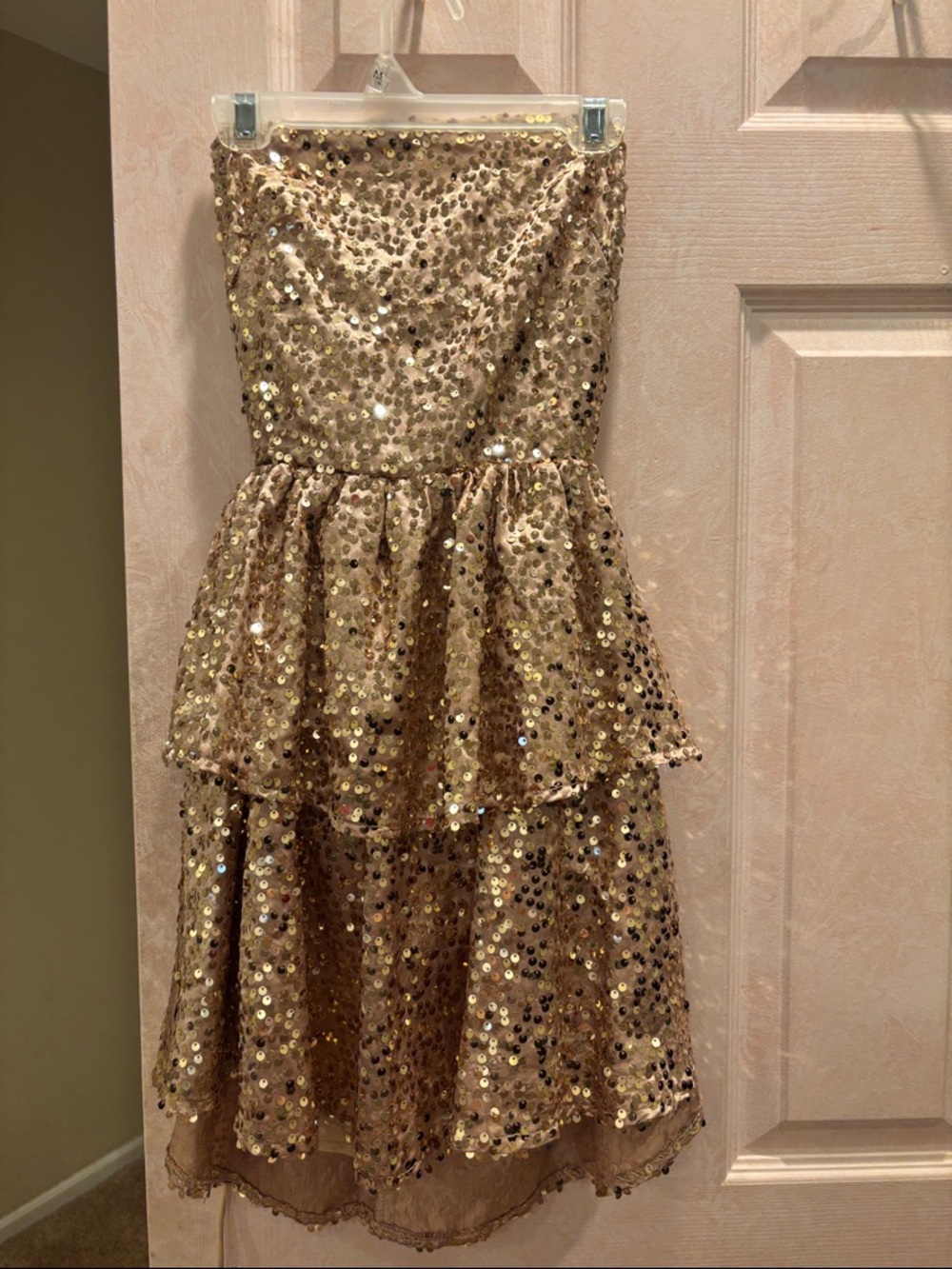 Lucy in the Sky Gold Sequin Tiered Strapless Corset Mini Dress- new without tags